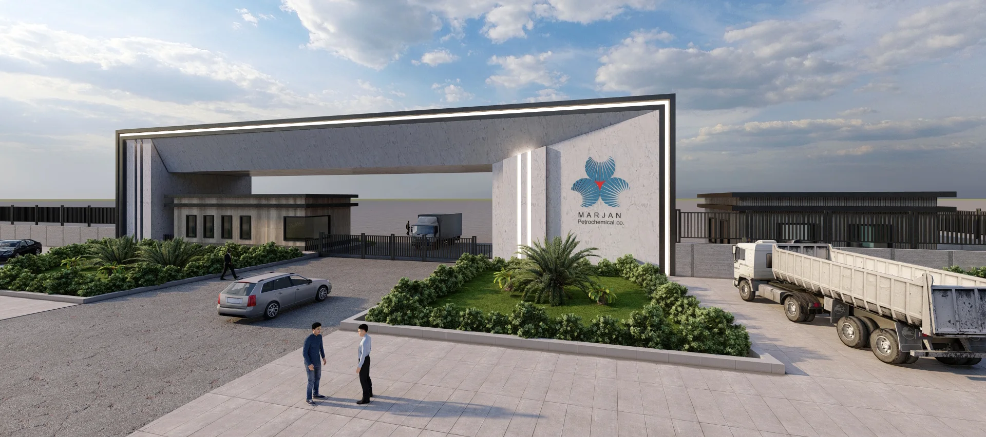 A concise exterior study for a controlled industrial entry, combining identity, access and operational clarity.