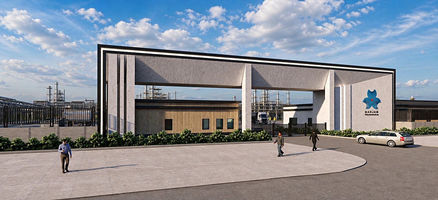 Service-side view of the gateway buildings and controlled access lanes