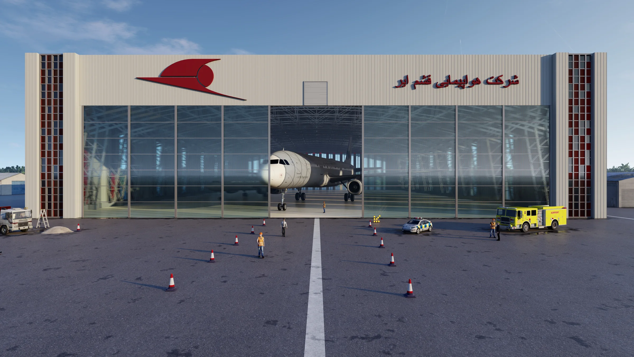 A focused aviation visualization set presenting a wide-span hangar through front and three-quarter views.