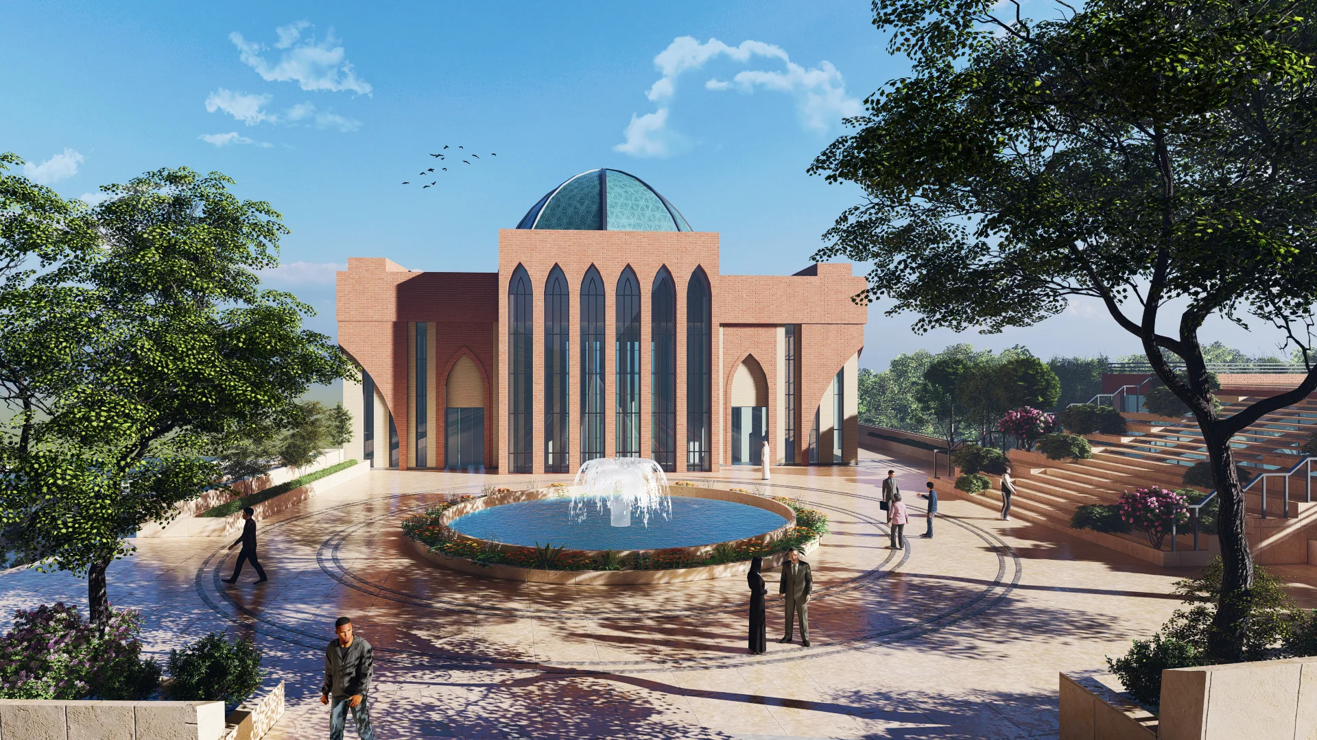 Contemporary civic building framed by a landscaped public space