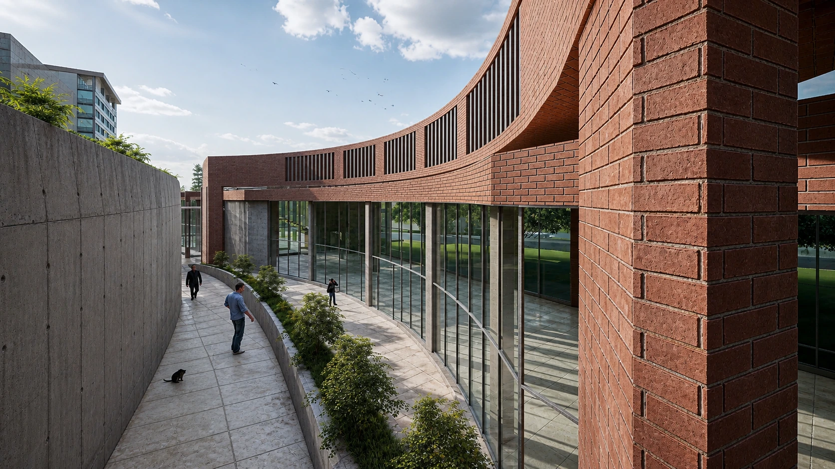 Curved brick and glass circulation space within the campus
