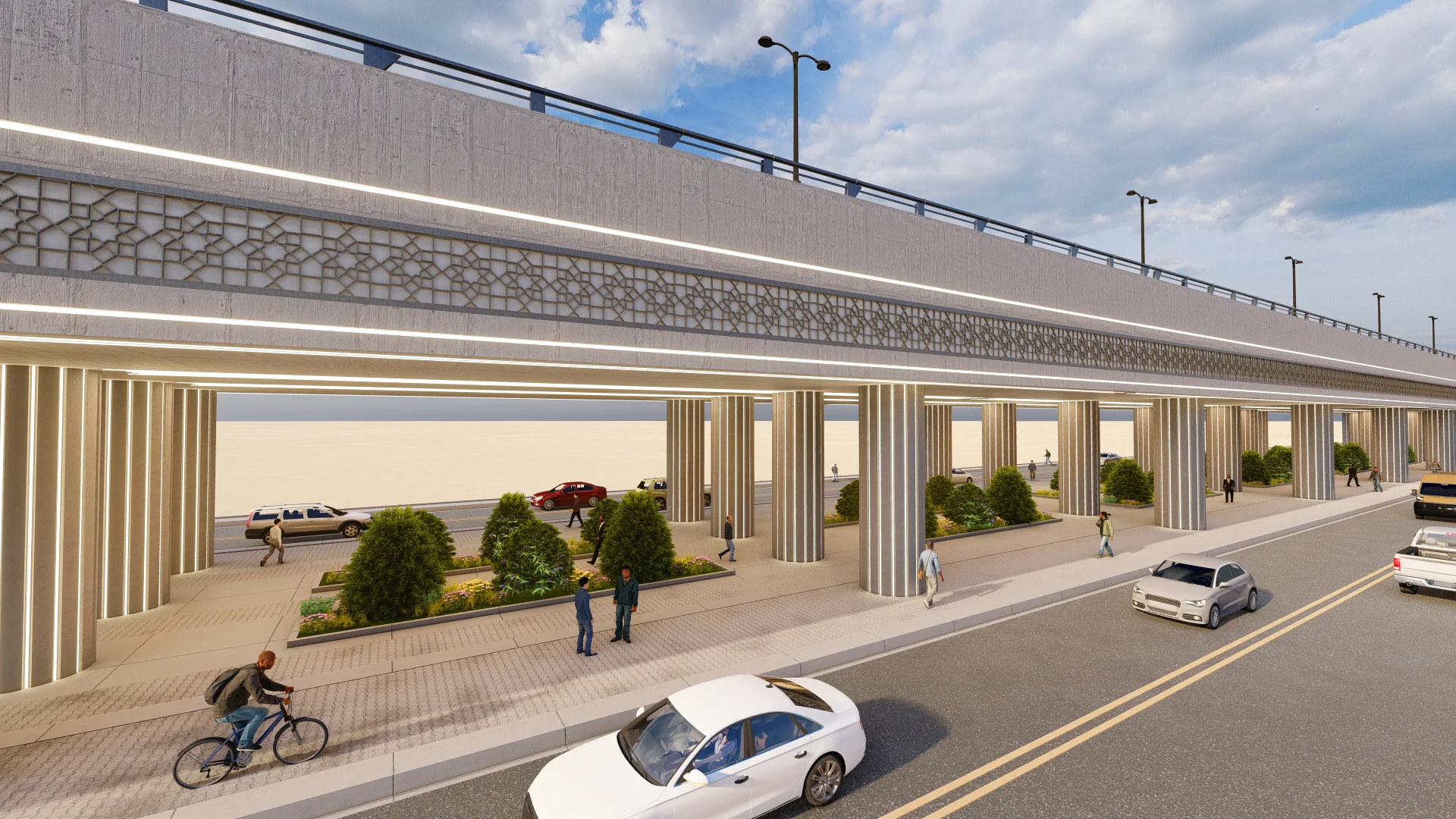 An infrastructure study exploring the bridge together with the landscaped and pedestrian spaces below it.