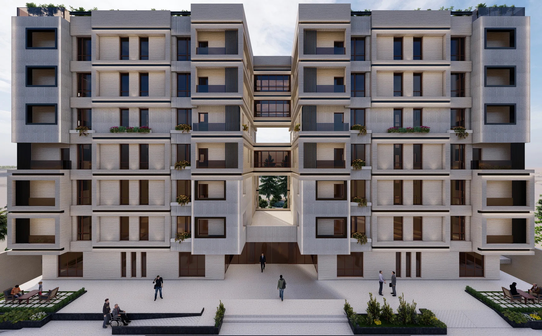A tightly edited residential study focused on facade depth, balcony rhythm and framed communal passages.