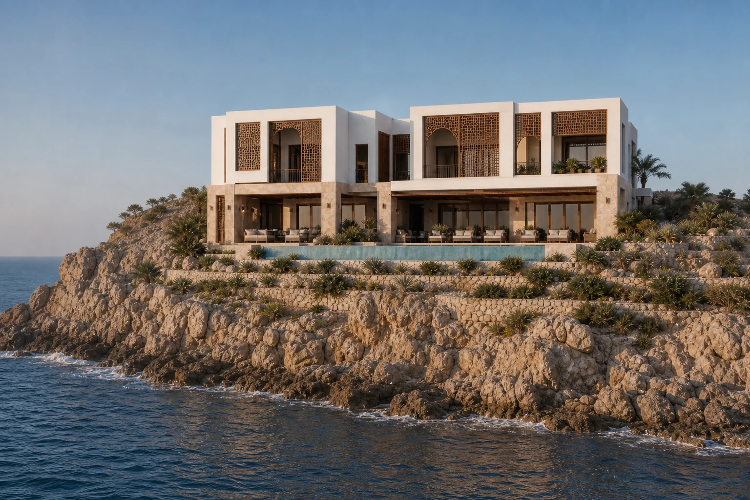 Sea-facing exterior facade and landscaped terrace of Muscat Villa