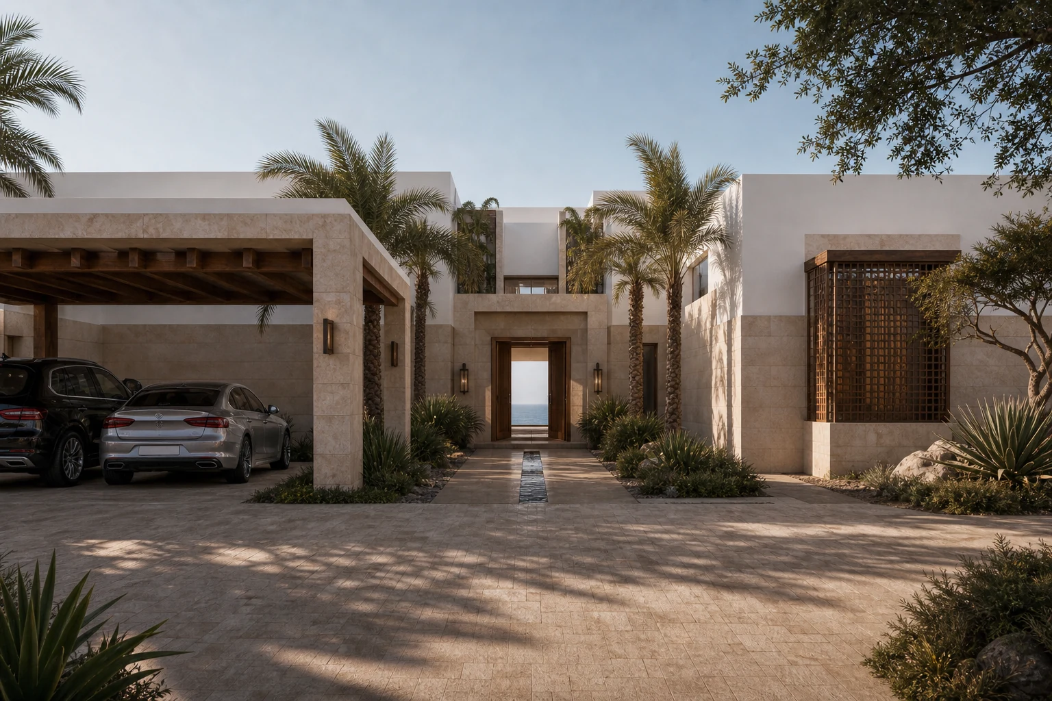 Arrival courtyard and north entrance of Muscat Villa