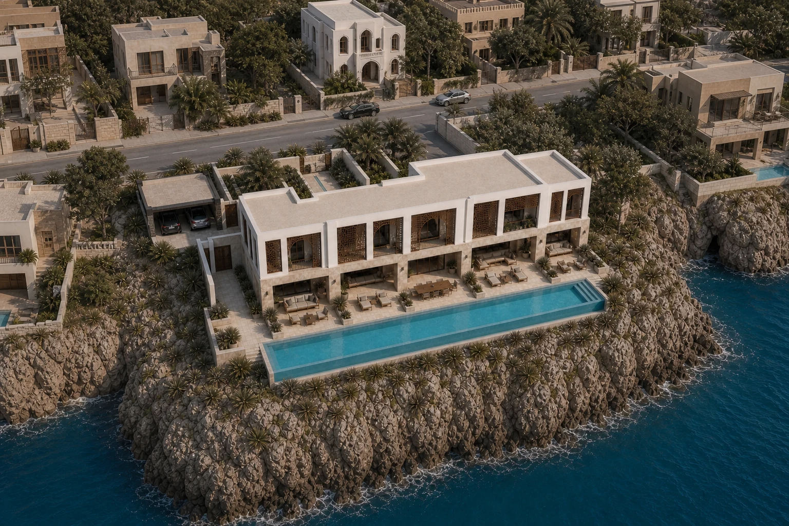 Aerial neighborhood and coastal context around Muscat Villa