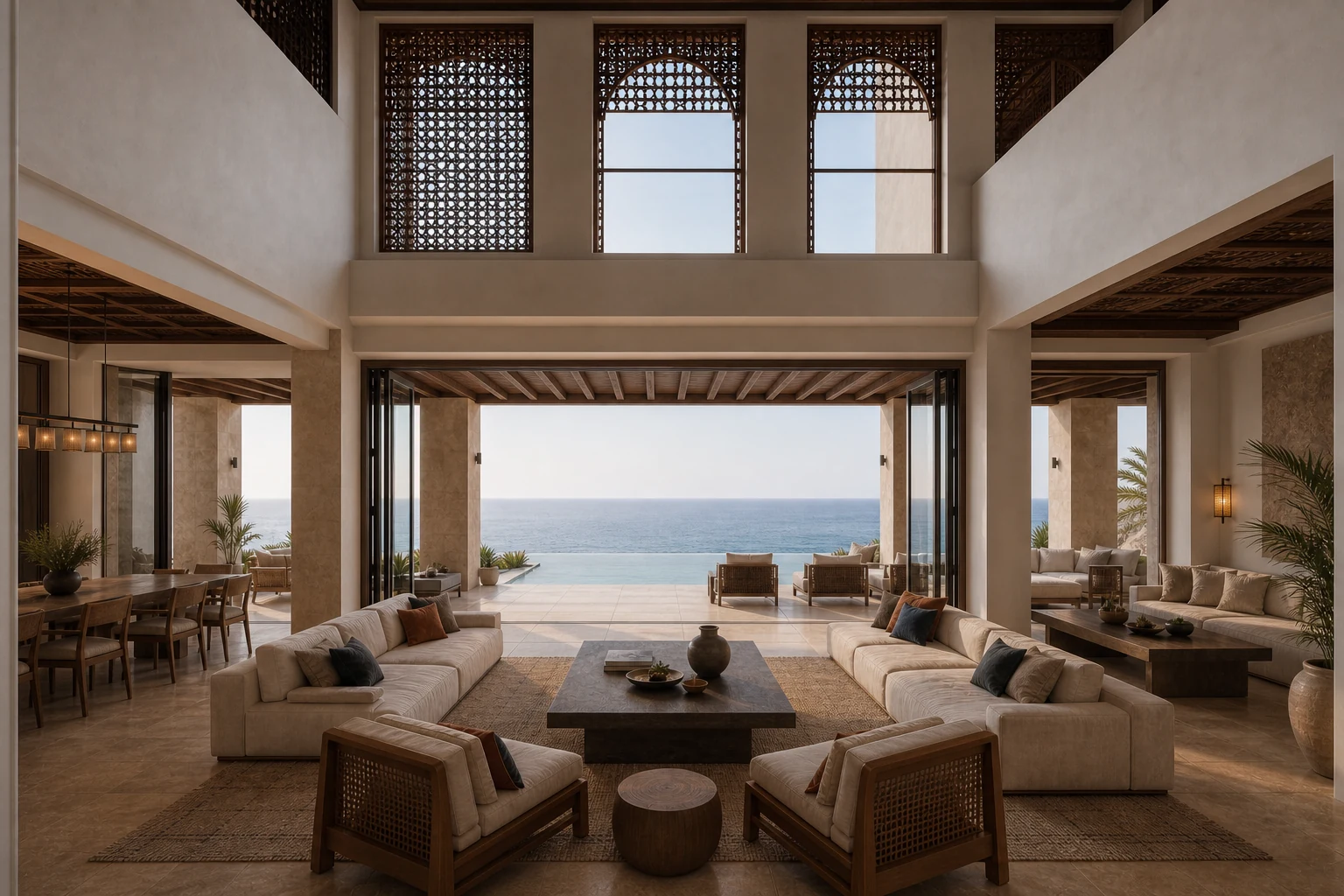 Double-height living room inside Muscat Villa
