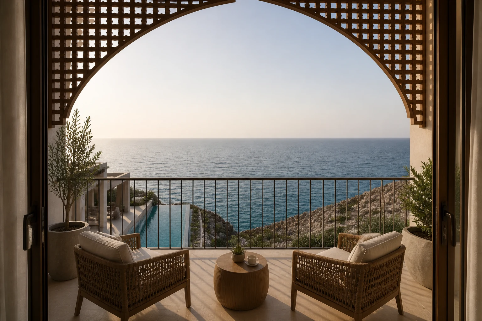 Primary bedroom balcony overlooking the coast at Muscat Villa