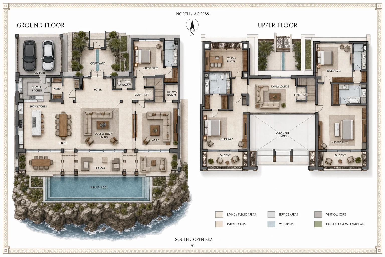 Ground- and upper-floor plans for Muscat Villa