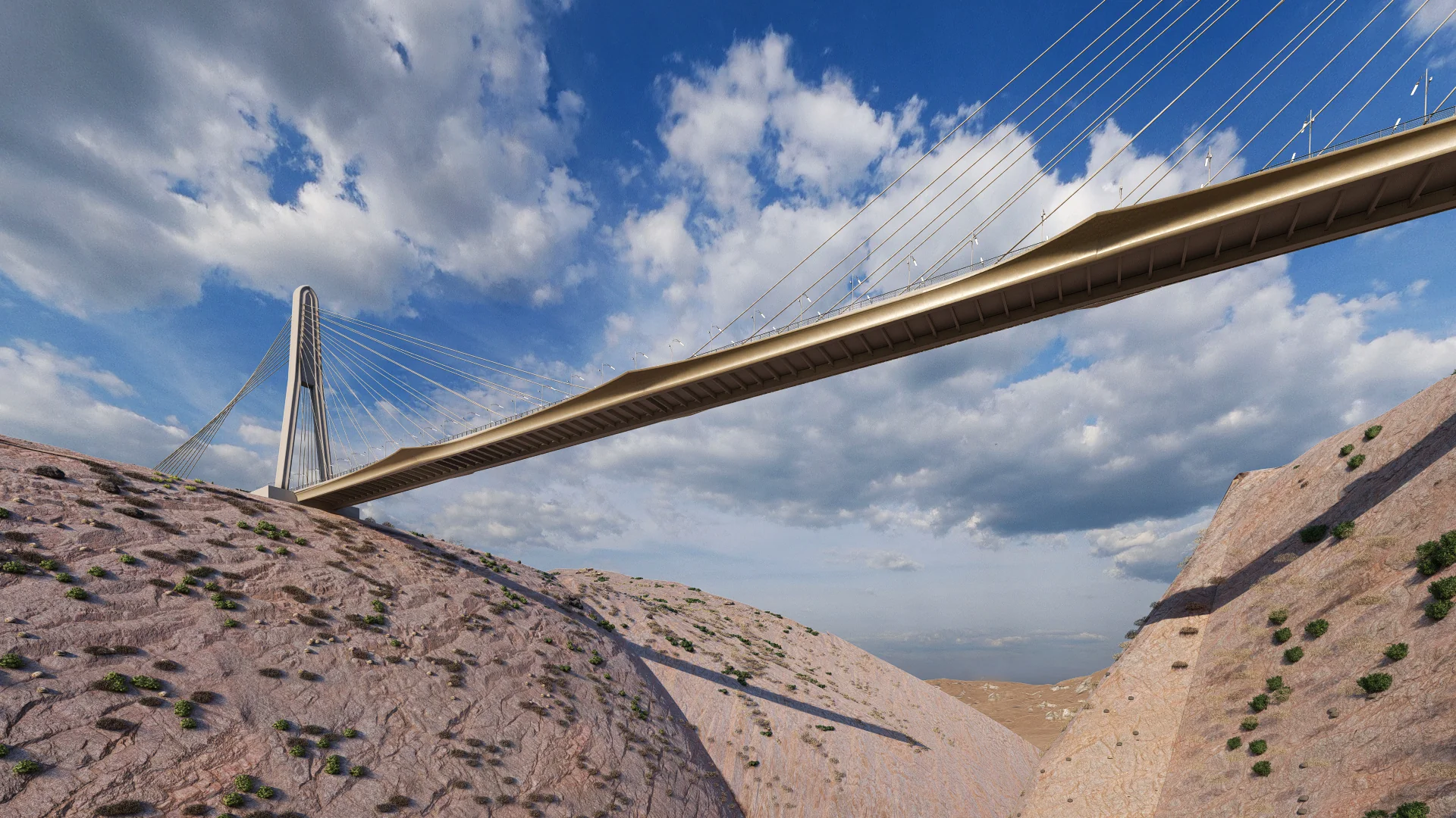 Low-angle visualization beneath a cable-stayed bridge