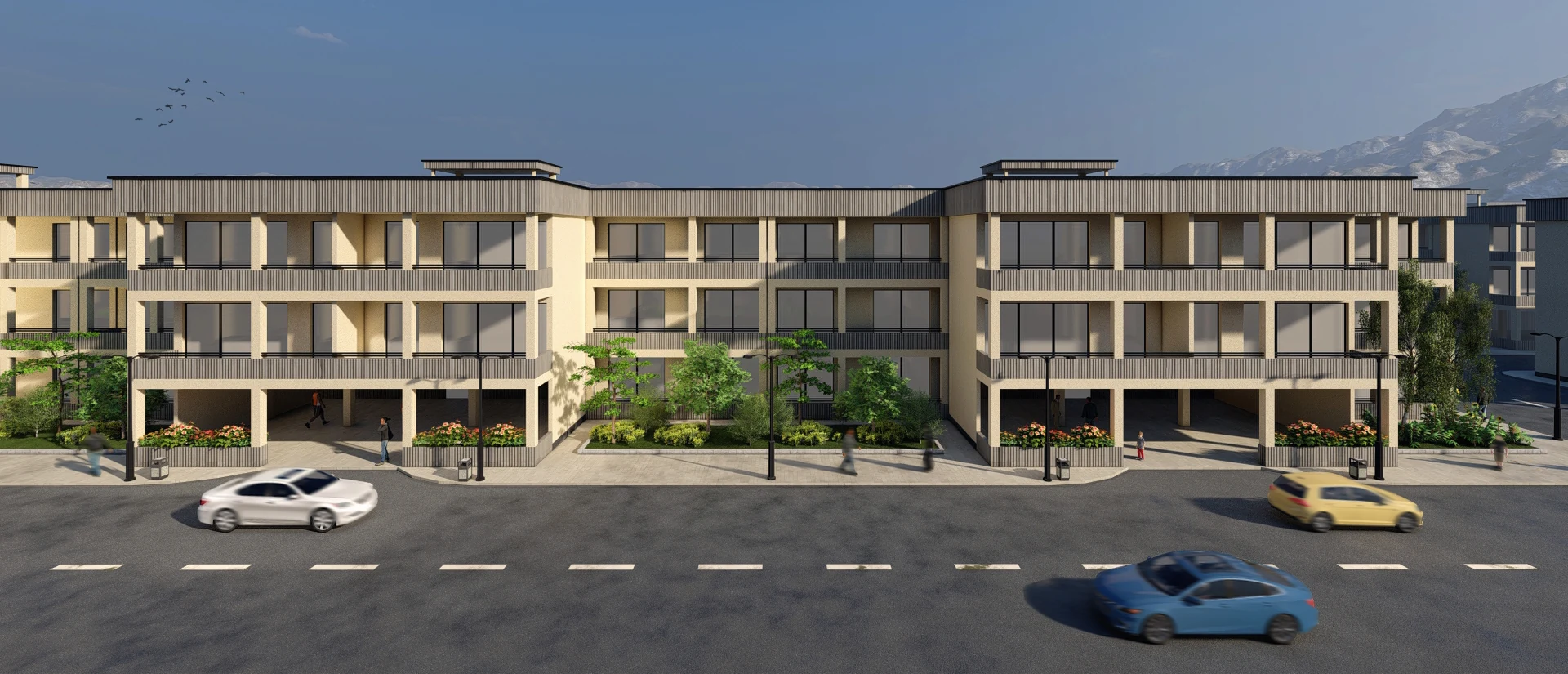 A residential visualization series built around massing, facade rhythm and the experience of the shared exterior environment.