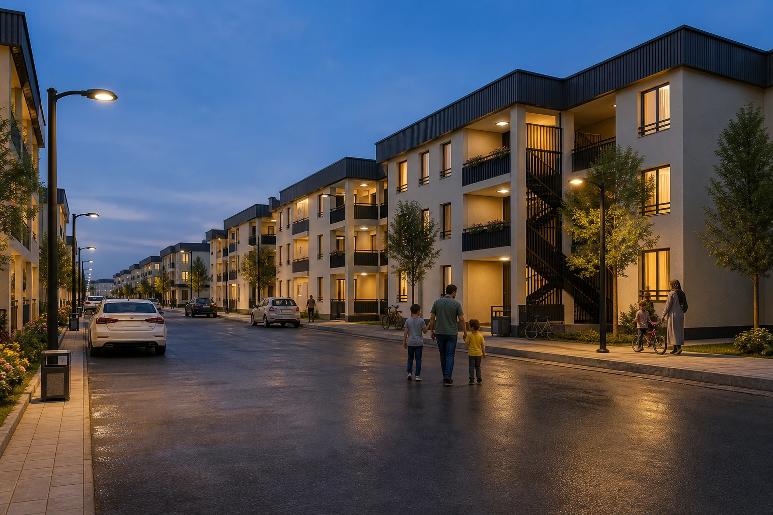Residential street within Parand at blue hour