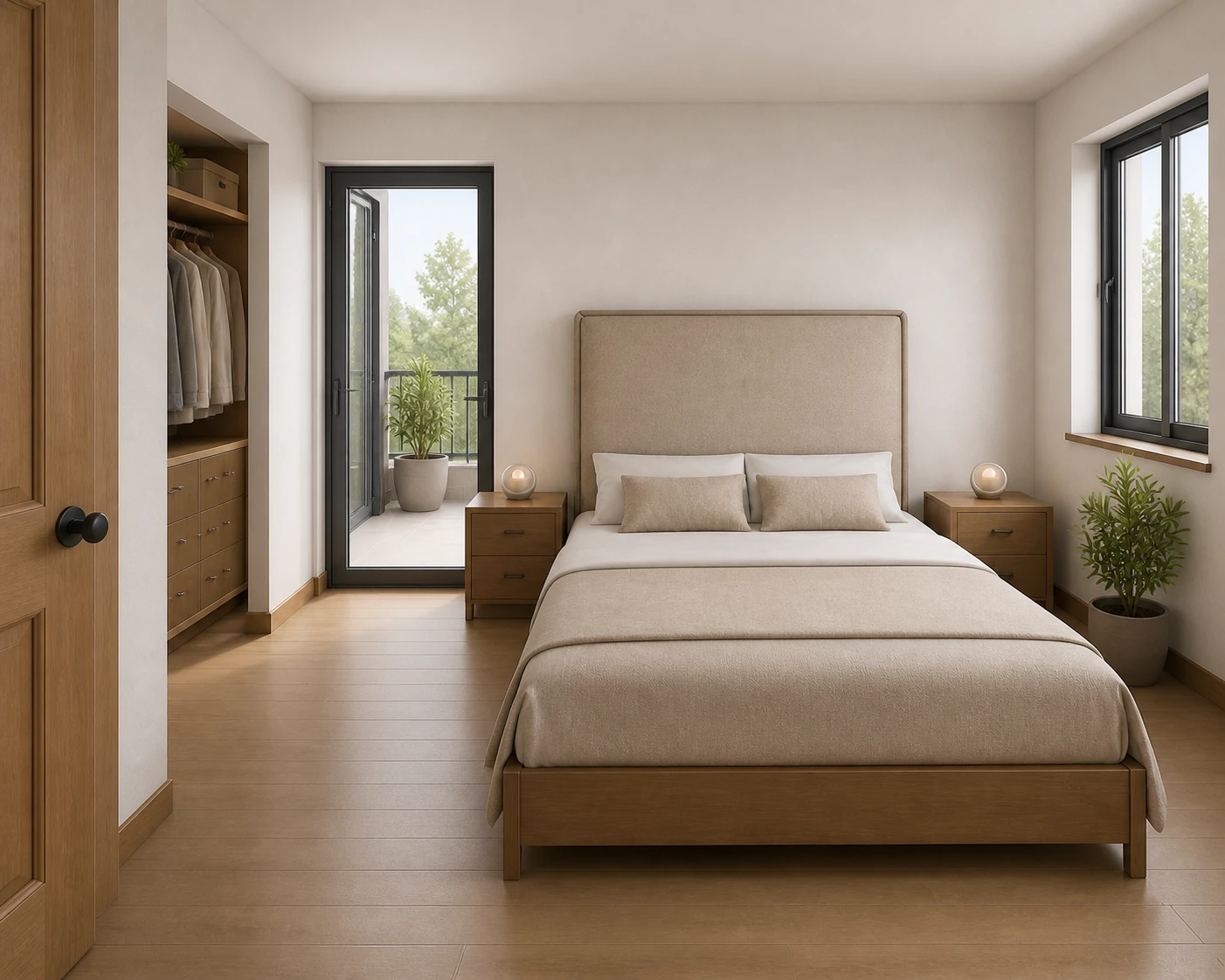 Villa Laar primary bedroom with wardrobe and balcony access